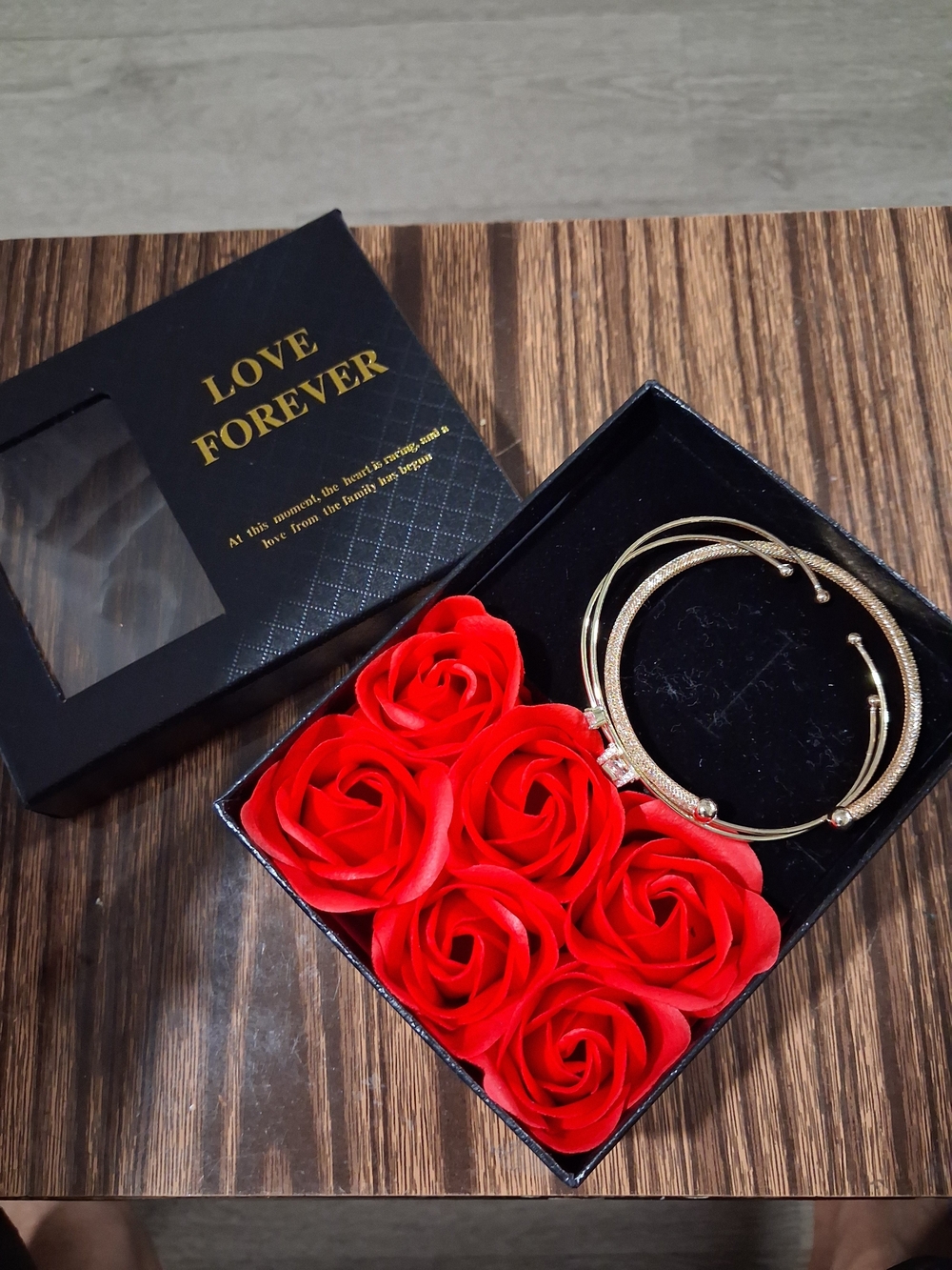 Love Forever Gold-Tone Bangle Bracelet Set with Red Accents